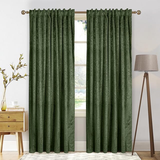 Rosnek Samt Gardinen Vorhang Kräuselband 2er Set, H244 x B132 cm Thermogardine Luxus Vorhang Blickdicht mit Muster, Übergardinen Vorhänge Verdunkelung Barock Deko für Wohnzimmer, Olivgrün