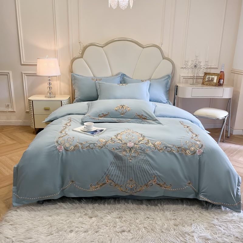 Image of JJ's Imported Skin Friendly Pure Washed Cotton Heavy & Beautifully Embroidered Wedding Style 5 Pcs King Size Double Bed Luxury Bridal Bedding Set with Heavy Comforter /Quilt (Sky Blue 2)