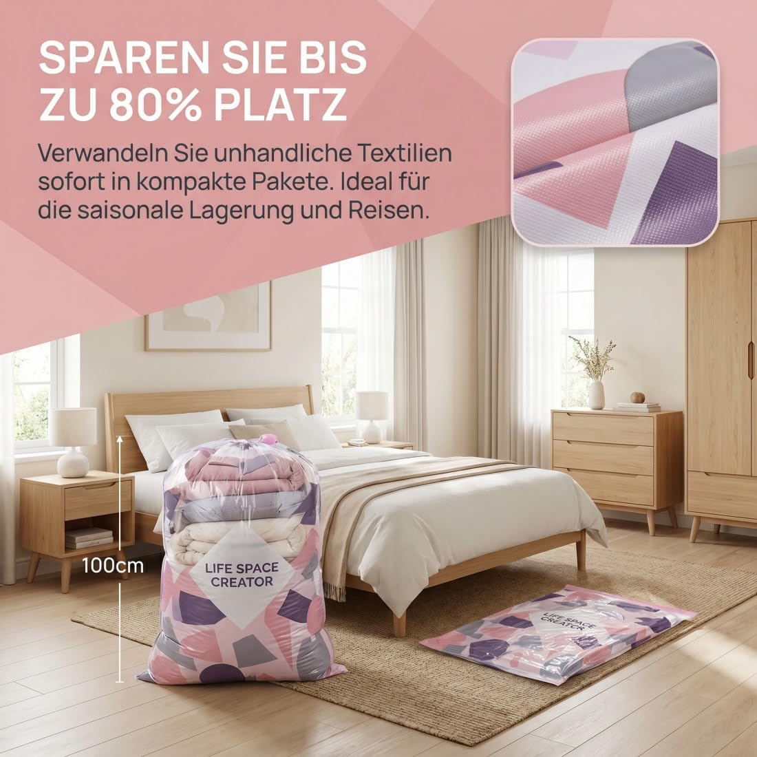 3D-Vakuum-Aufbewahrungsbeutel Ohne Pumpe, Vakuumbeutel Reise mit Großem Fassungsvermögen, Vakumierergerät Beutel Kleidung, IPX6, Schnellkomprimierungin 3 Sekunden, Spart Bis zu 80% Platz(6PCS,L)