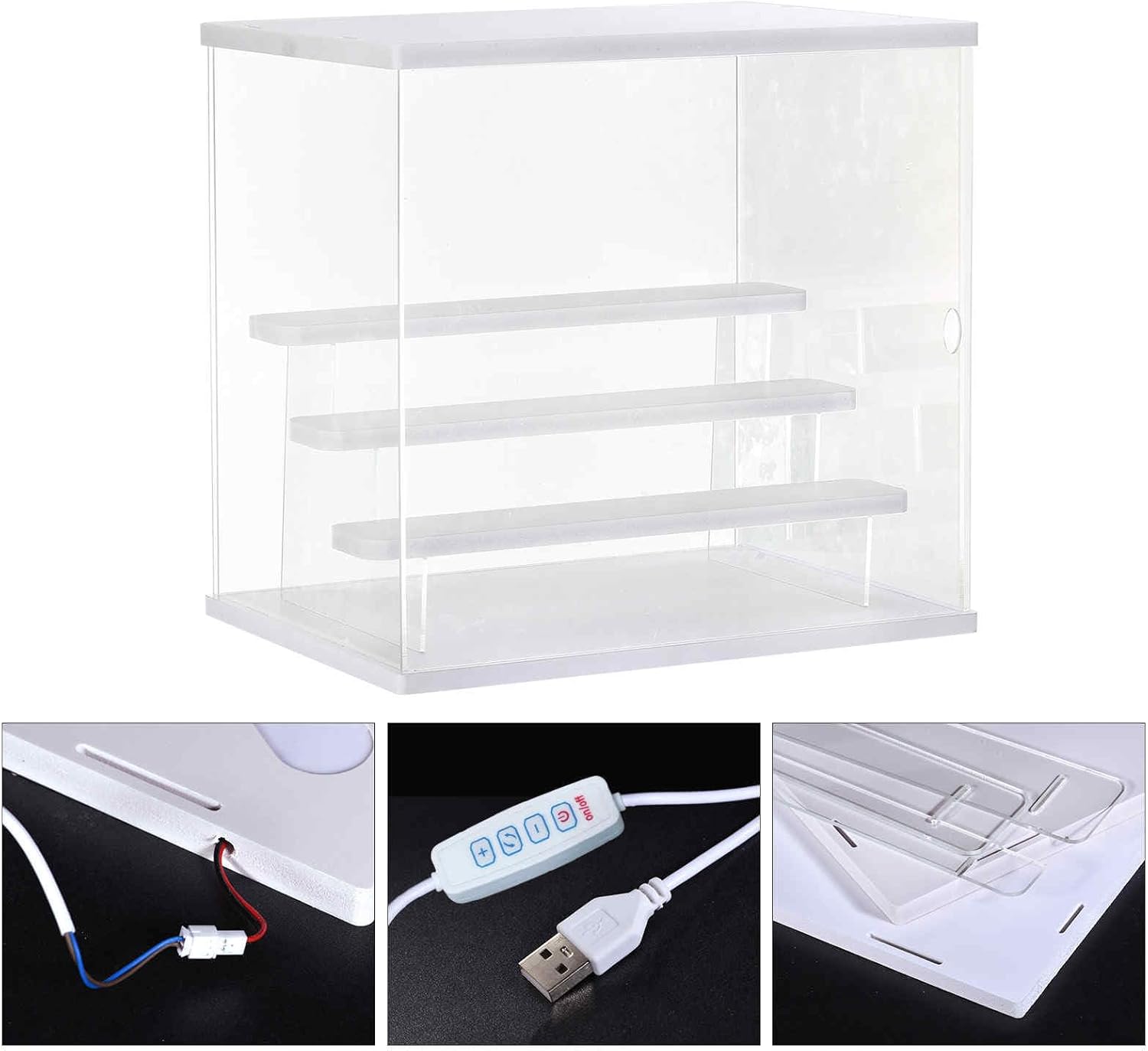 MECCANIXITY Clear Acrylic Display Case with LED Light 3 Tier Dustproof Showcase Assemble Cube Storage Boxes Stand for Collectibles, Action Figures (12.6x9.45x11.81) White