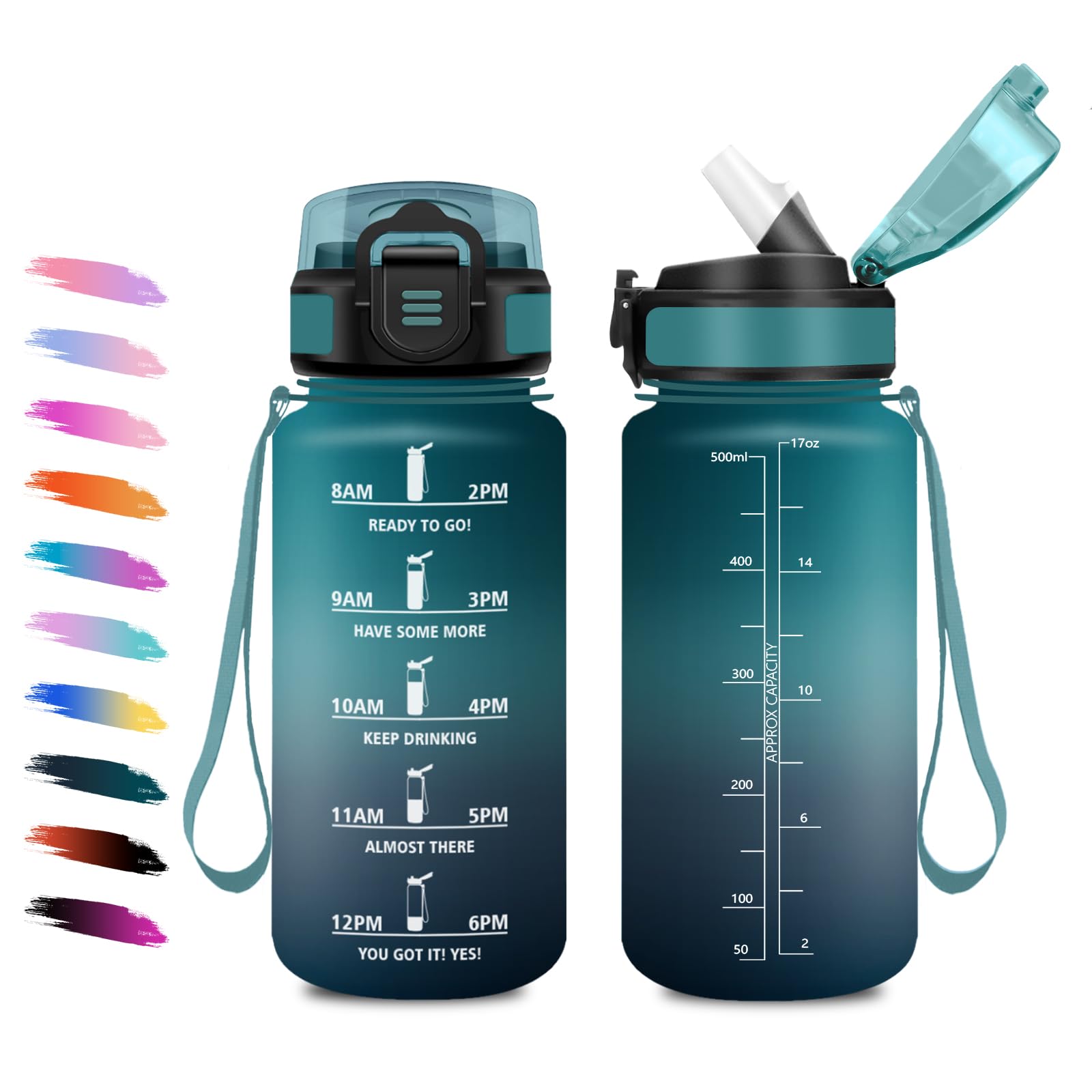 Borraccia Bambina 500ml, Bottiglia Motivazionale con Cannuccia, a Prova di Perdite, Facile Pulizia, Bottiglia Acqua con Indicatore del Tempo, Bottiglia per Ufficio, Escursionismo, Bambini, Yoga