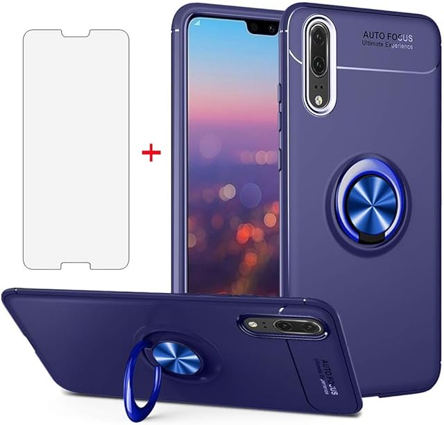 Asuwish Phone Case for Huawei P20 with Tempered Glass Screen Protector Cover Magnetic Ring Holder Stand Cell Accessories Shockproof Shock Proof Full Body Silicon Huwai Hawaii Hwauei Haweii P 20 Blue