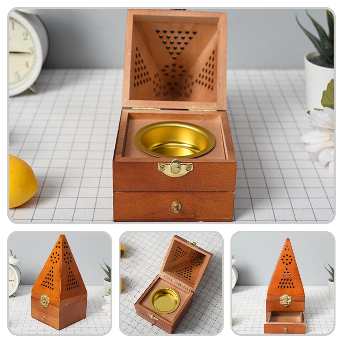 Holz Weihrauchbrenner in Pyramidenform Tisch Räuchergefäß für Meditation und Entspannung Schreibtischdekoration für Weihnachten und Einzug