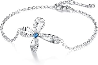 Dancing Cross Chain Bracelets for Women 925 Sterling Silver 18K White Gold Plated Blue 5A Cubic Zirconias Dainty Faith God Blessed Bracelets Perfect Confirmation Gifts|Birthday Gifts|Valentine's Day Gifts|Mother's Day Gifts|Christmas Gifts for Women/Girls/Wife/Girlfriend/Mom