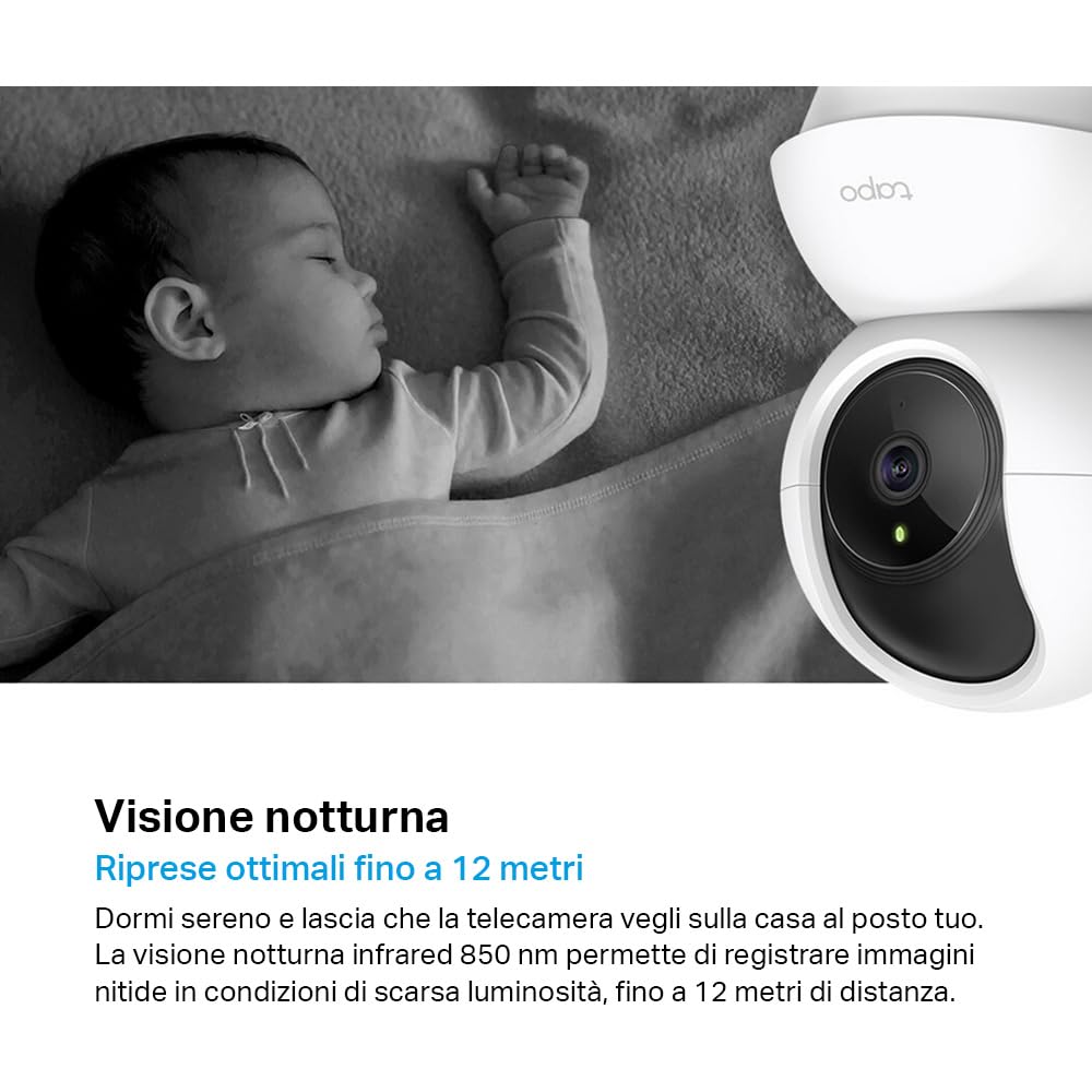 Tapo C200C Telecamera Wi-Fi Interno FHD, Videocamera Sorveglianza 360° Visione Notturna, Audio Bidirezionale, Rilevamento Movimento
