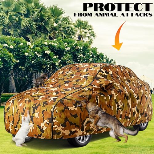 Image of 100% Waterproof Car Cover for Brezza UV Protection, Dustproof, Windproof | Custom Fit with Mirror Pockets, Belt & Buckle | All Weather Outdoor Body Cover (Jungle, Brezza)
