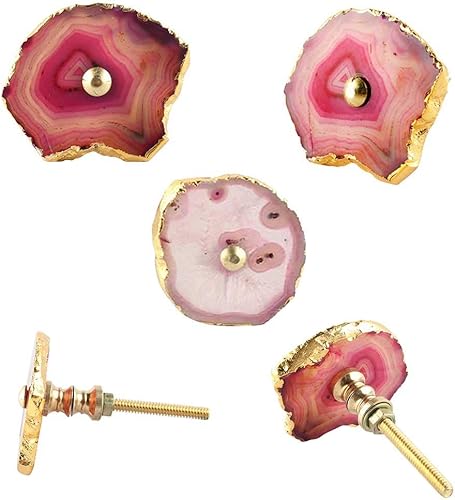 Indian Shelf Paquete de 2 pomos asimétricos de mármol de lujo rosa para cajones para gabinetes de cocina, tiradores decorativos de piedra, tiradores