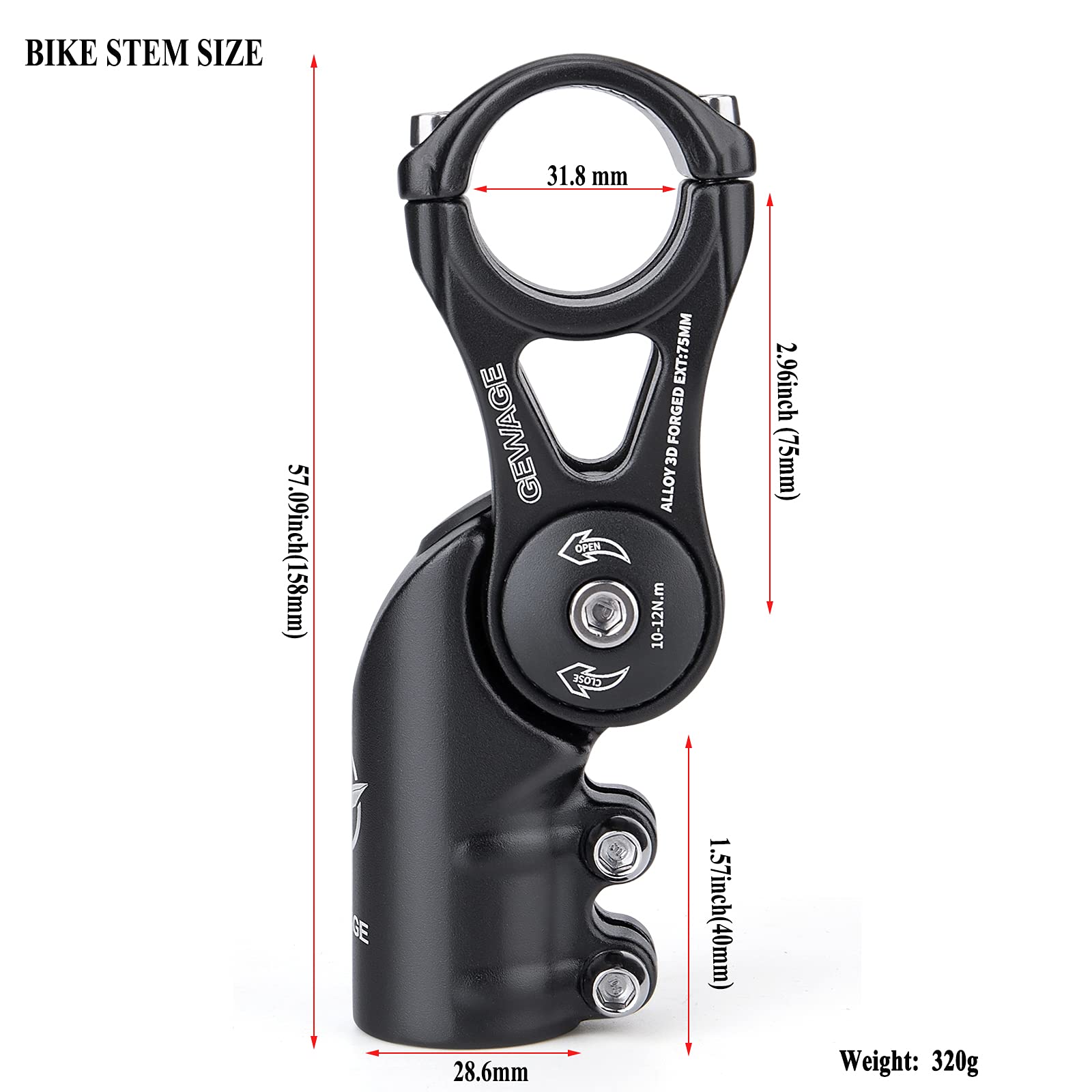GEWAGE Potence de vélo – Réglable à 130 degrés – 75 mm, 90 mm, 130 mm – Pour guidon de 31,8 cm (1-1/4") – Convient à la plupart des VTT, vélos de route, BMX (XT-A825D-75)