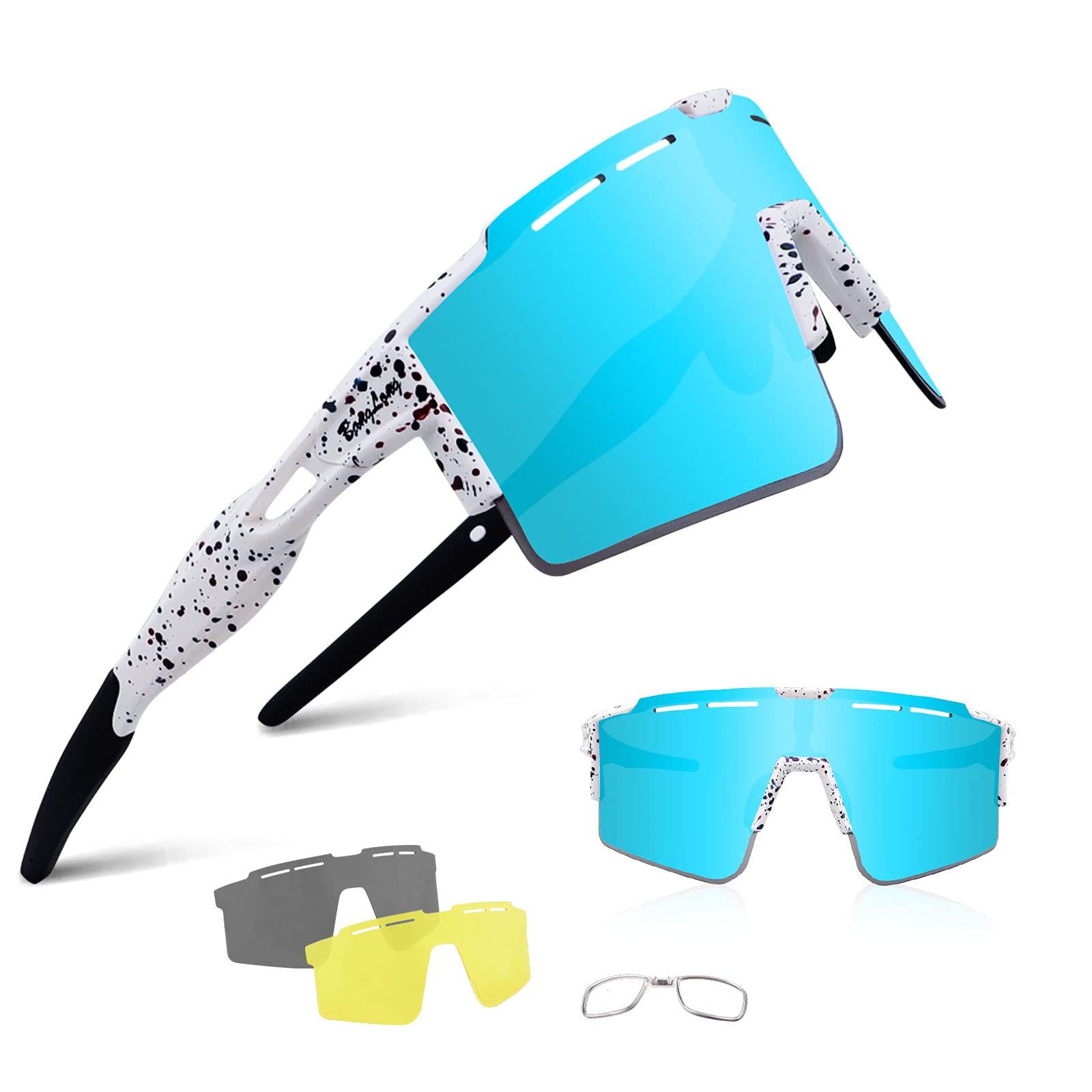 BangLong Polarised Sunglasses, Cycling Glasses Men Women UV 400 Protection with 3 Interchangeable Lenses, Protective Glasses Sports Glasses for Outdoor Sports Cycling Running Golf