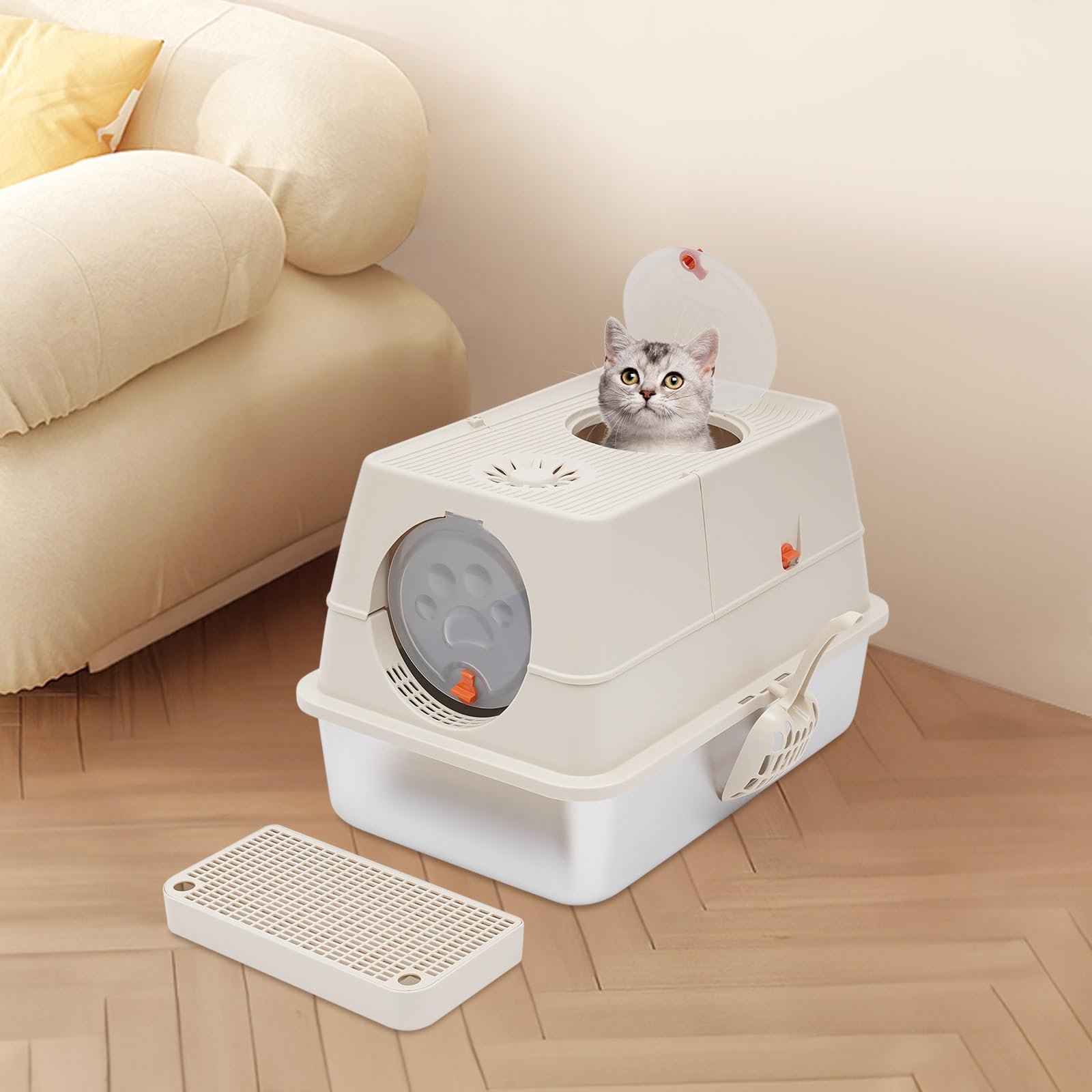 Lettiera per gatti estraibile chiusa a due porte, in acciaio inox, con coperchio, pala e gradino in acciaio inox, con coperchio, colore cachi