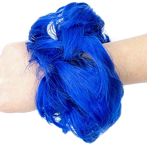 Miniatura 4 de Pieza de cabello de moño desordenado, piezas de cabello azul para mujeres y niñas, extensiones de cabello sintético ondulado y rizado, coletero
