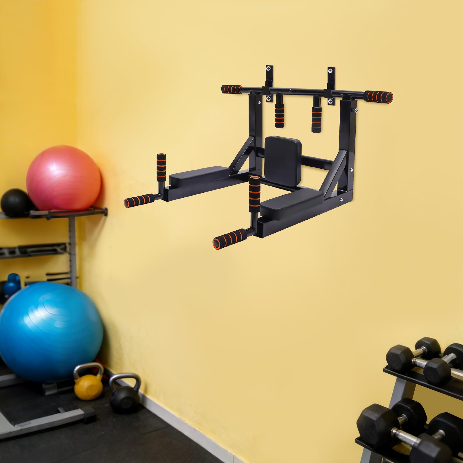 Barra de dominadas multiagarre, montaje en pared, estación de fuerza multifuncional, entrenamiento abdominal, torre de potencia para gimnasio en casa, color negro, soporta hasta 200 kg