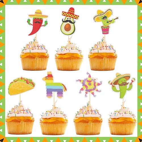 Hying 42 decoraciones mexicanas para cupcakes para niñas y niños, cactus burro taco, sombrero para cupcakes para fiestas temáticas mexicanas,