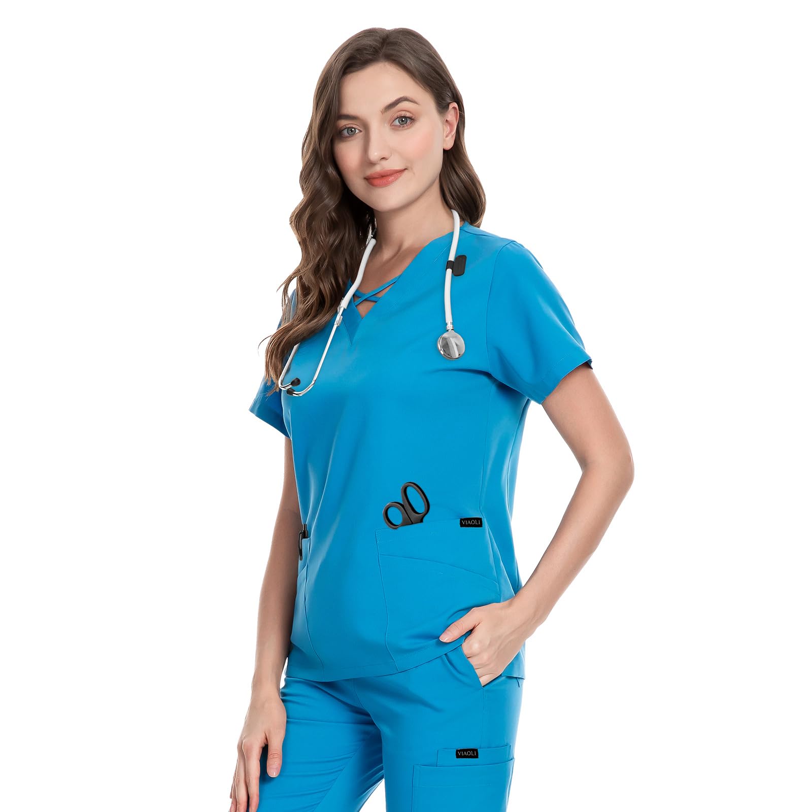 VIAOLI Set für Damen, modernes Oberteil mit V-Ausschnitt und 8 Taschen, Jogginghose, Stilluniform, einfarbig, Stretch, Arbeitskleidung, Himmelblau, Small