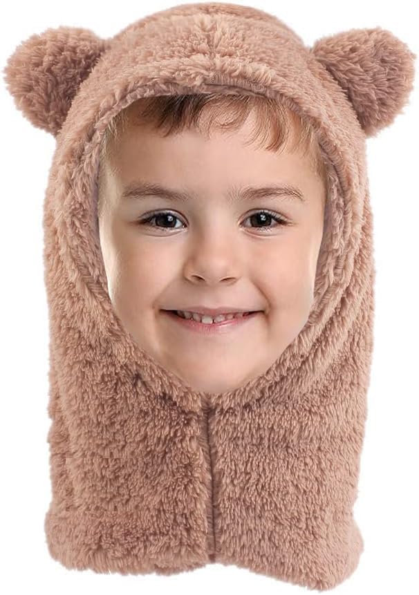 2 in 1 Kids Bear Hat Scarf Toddler Balaclava Winter Warm Beanies Cap Thick Fleece Skull Caps for Boys Girls3