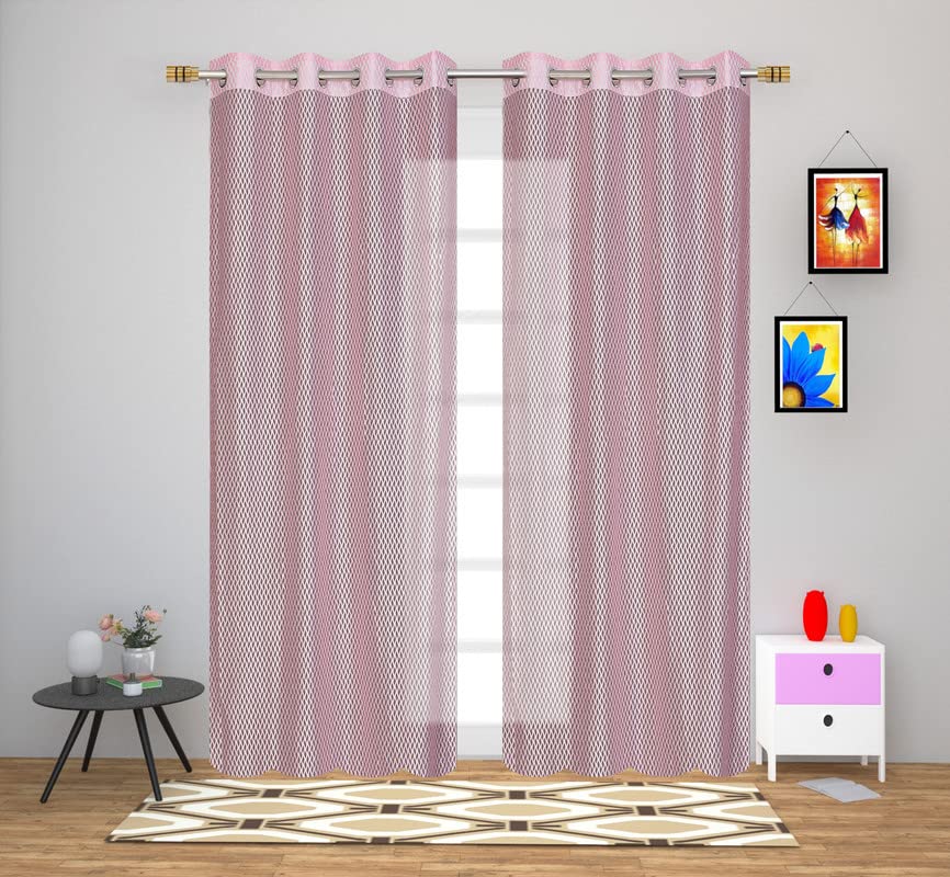 Image of Exporthub Set of 2 Piece Fancy Sparkling Zig Zag Design Pink Color Heavy Quality Sheer Strip Semi-Transparent Net Curtains - Long Door - 9 feet Long Living Room and Bedroom (EHSPR271 94)