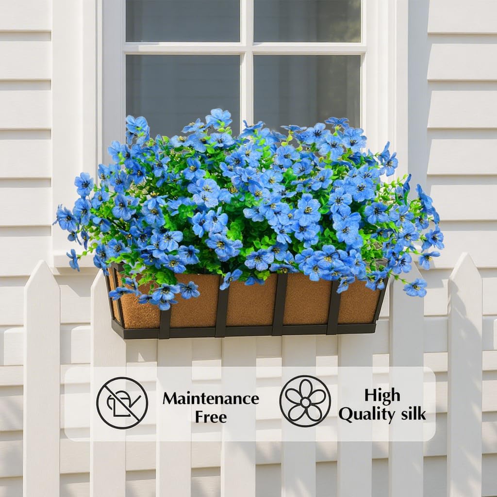 Artificial Flowers for Outdoors, 12 Bundles Outdoor Faux Plants,Uv Resistant Artificial Fake Flowers Plants, Realistic Spring Decor for Porch, Patio, Yard (Blue)