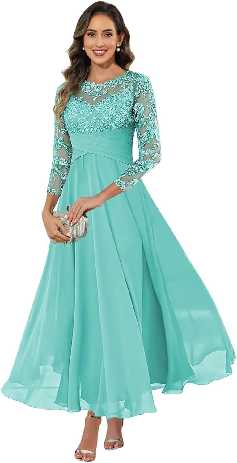 Mother of The Bride Dresses Tea Length - Lace Chiffon Half Sleeve Formal Wedding Guest Dresses for Women
