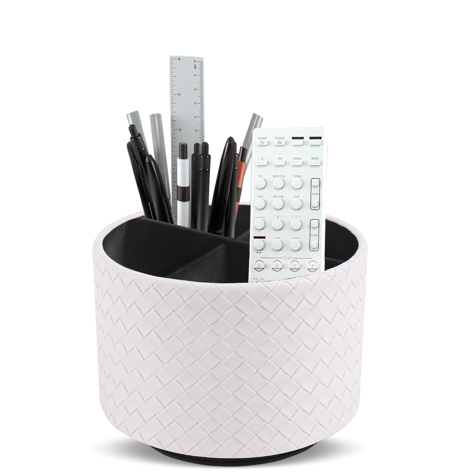 Mtzmy 1-Woven White Round Leather Art Supply Organizer,Remote Control Holder,360 Degree Spinning,Multi-Functional Pencil Holder,4 Compartments Desktop Stationary Organizer(1-Woven White)