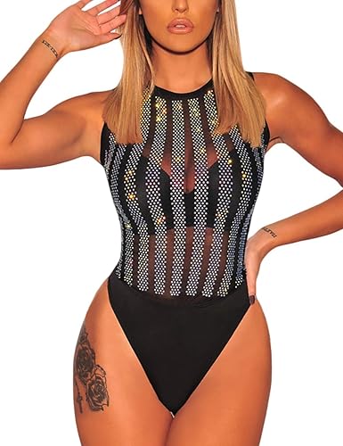 Eiffel - Body sin mangas de malla con cuello alto para mujer, color negro - - Me