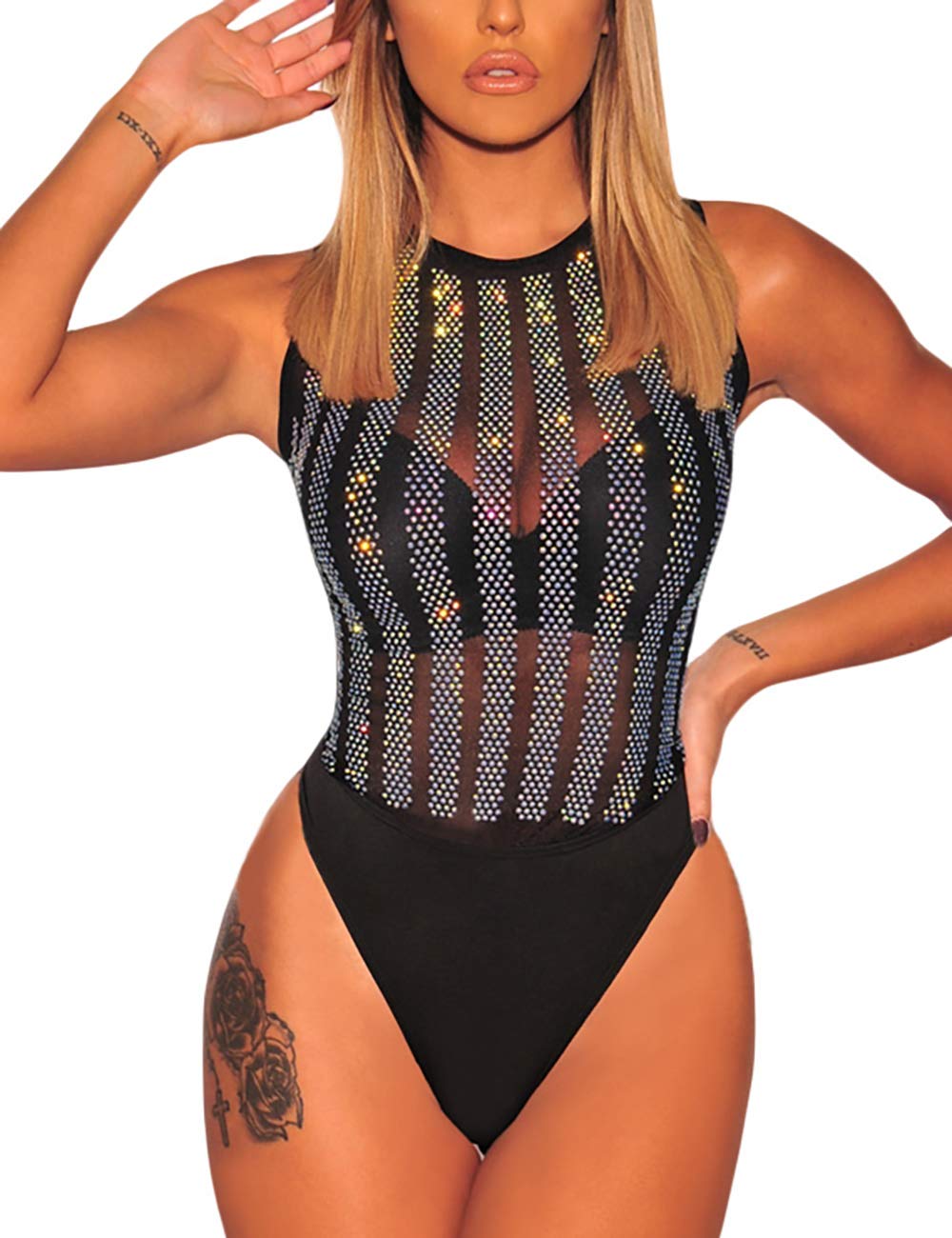 Eiffel Women's High Neck Sheer Mesh Sleeveless Black Bodysuit Tank Top - - Large, Black-5, L-image-33