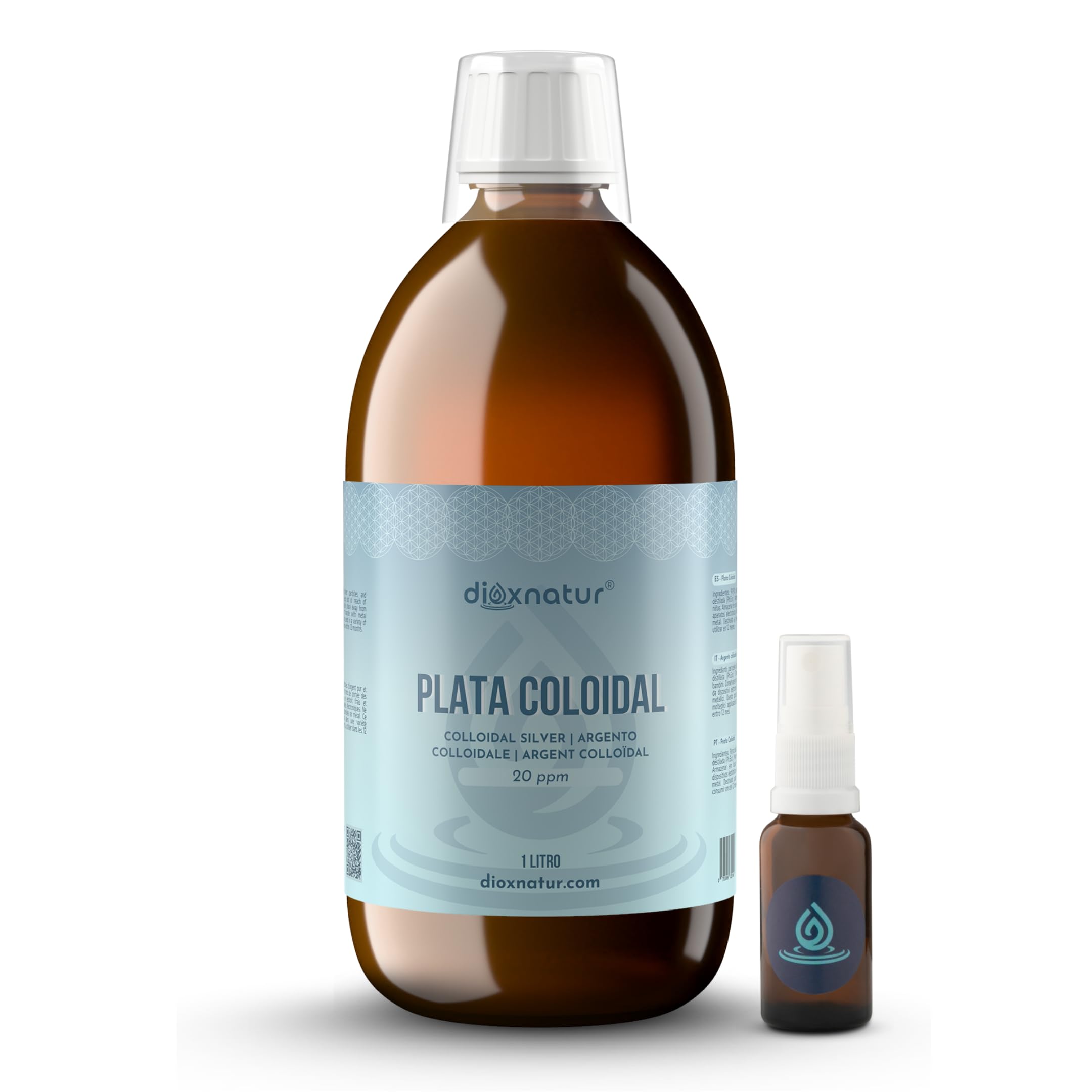 Plata Coloidal 1 L - 20 ppm - 99,99% Pureza - Solución Líquida con Agua Bidestilada - Botella Vidrio Ámbar con Spray y Vasito Medidor