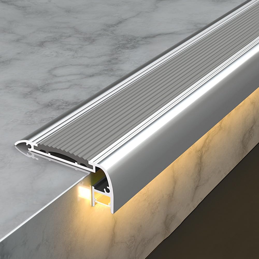 ZYXQQJ Stair Nosing Molding Aluminum Alloy Stair Edging, Anti Slip Strip With LED Light Slot Step Edge Trim For Cinema Hotel Home School(Gray)