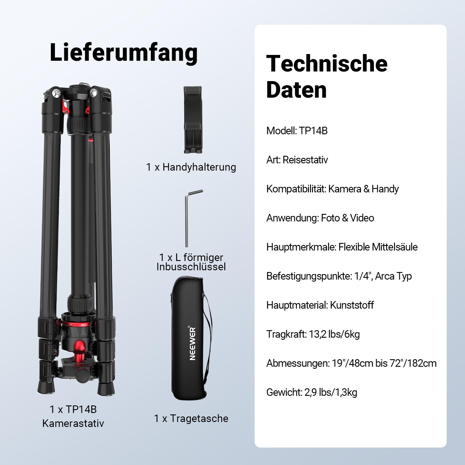 NEEWER Basics 72" / 182cm Reisestativ Einbeinstativ kompakter Leichter tragbarer Kamera Stativ Ständer für Aufnahmen, Arca Typ Kugelkopf, Handyhalterung kompatibel mit iPhone, max. Last 6kg, TP14B
