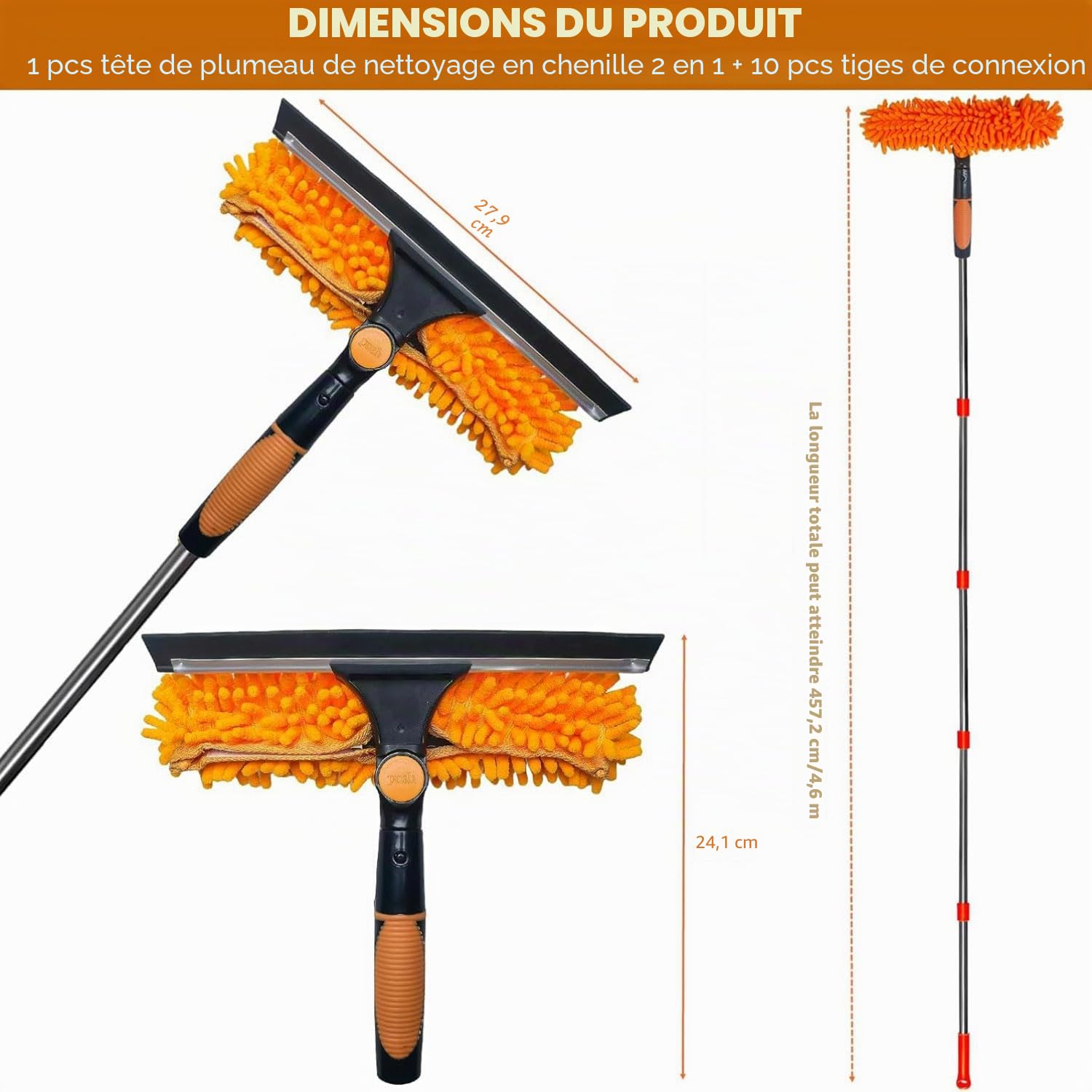 3-en-1 Nettoyeur de Raclette Vitre Kit avec Manche Telescopique Brosse nettoyante Extensible Perche Télescopique Nettoyage Extensible Balai Lave vitre avec Raclette pour Panneaux Solaires