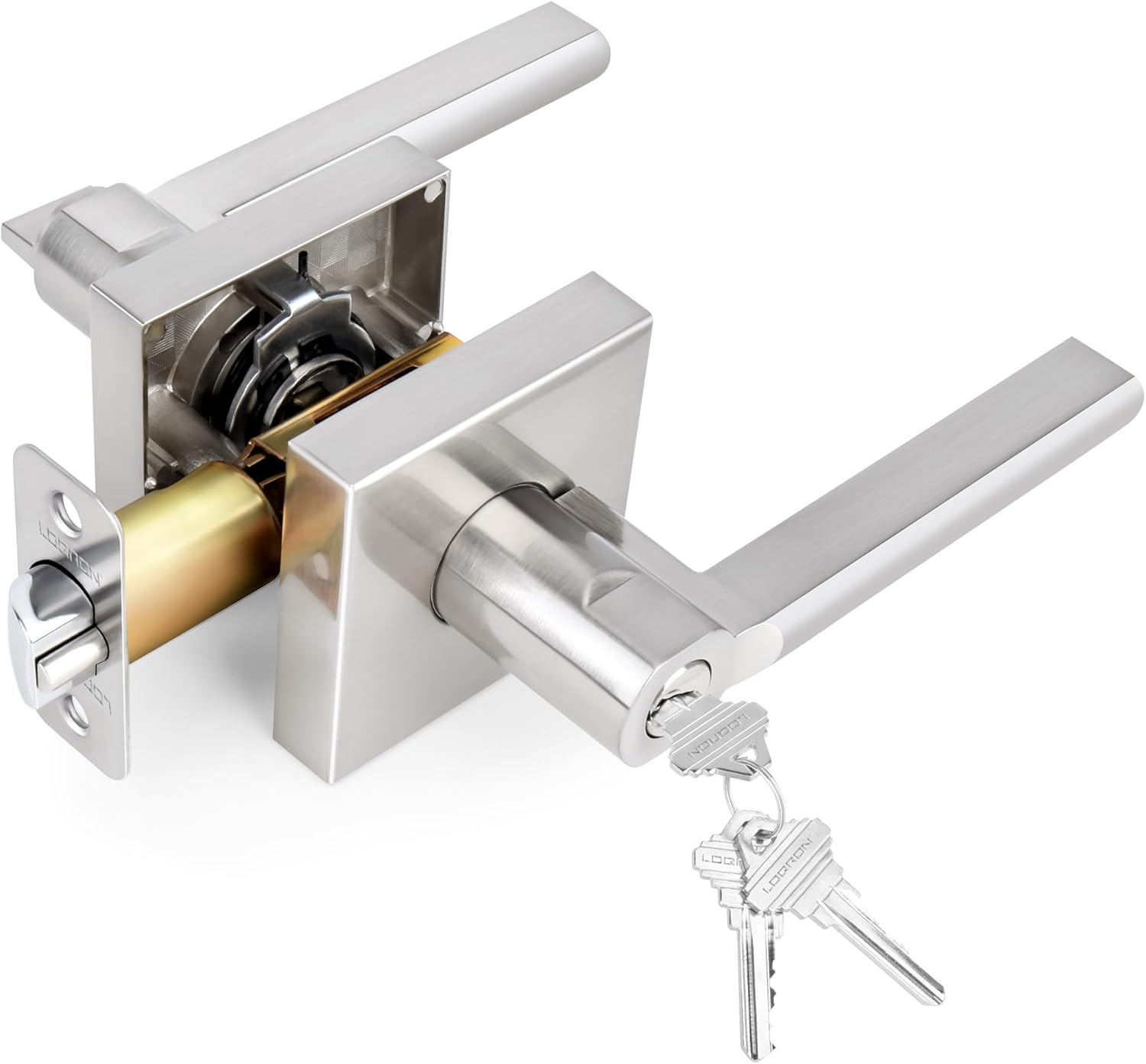 Keyed Entry Door Lever Square Heavy Duty Door Lock with Key Exterior Interior Door Handle Reversible for Bedroom Office or Front Door Door, Satin Nickel Finish