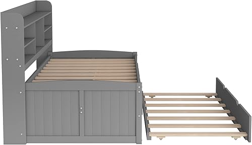 Miniatura 5 de Cama de capitán de madera con estanterías marco de cama de plataforma de tamaño individual con 3 cajones de almacenamiento y nido para dormitorio no