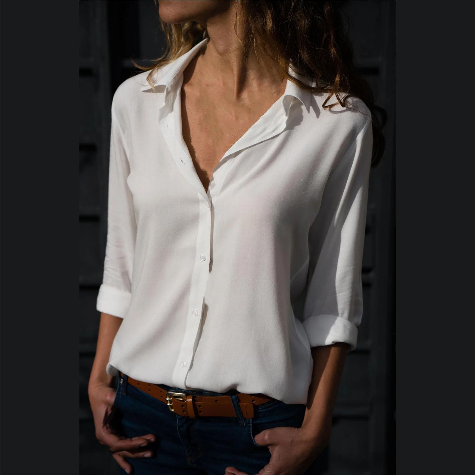 Blusa vintage para mujer, holgada, con botones, sencilla, lisa, de manga larga