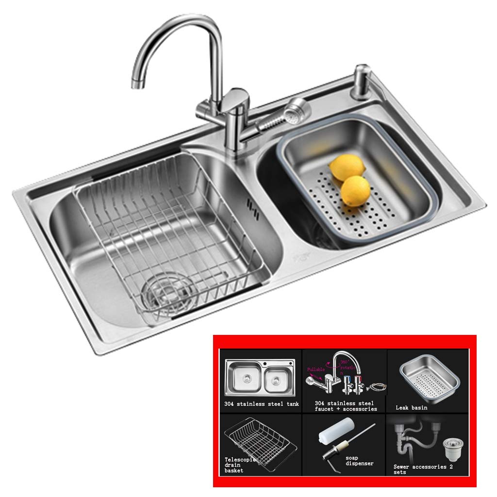 ZQFHSX Kitchen Sinks Fixtures Household Double Basin Sink Stainless Steel Cutlery Cleaning Pool Bar Durable (Color : Silver, Size 78 * 43cm)