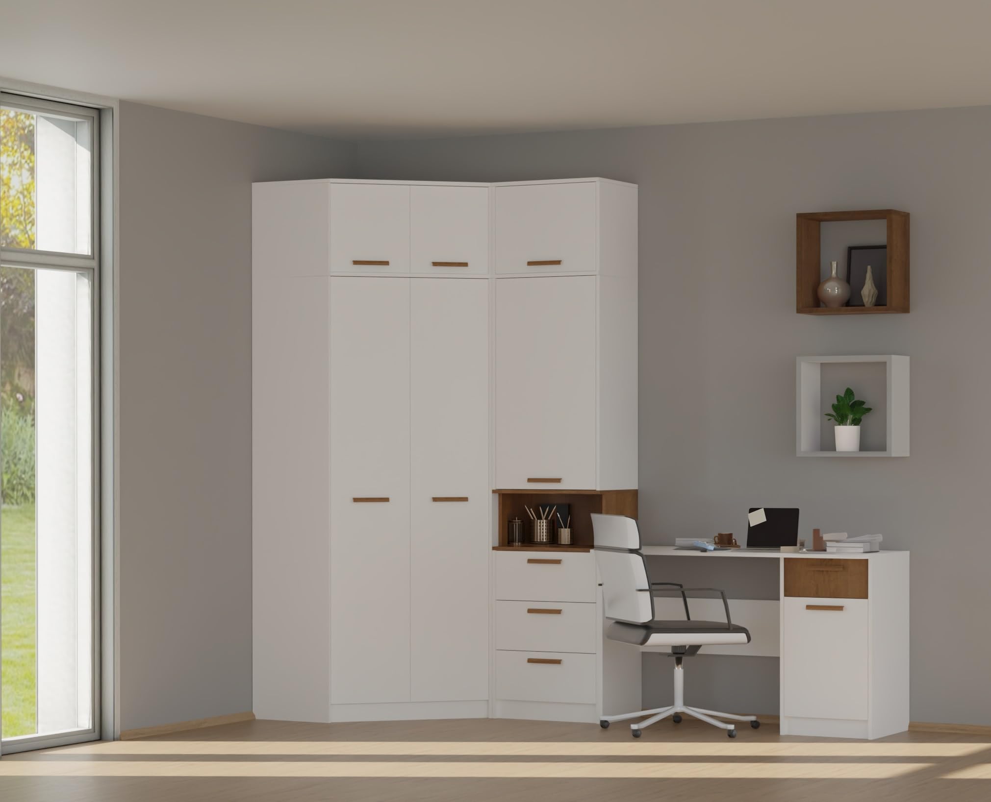 Marmex Grant G8 - Eckschrank 91x195x91 cm, Bücherregal - Eckgarderobe mit Kleiderstangen und Einlegeböden für das Jugendzimmer, Schlafzimmer - Eckkleiderschrank - weiß + Riviera Eiche (Modern)