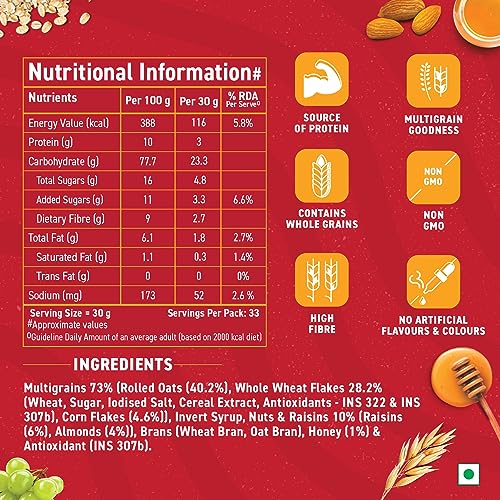 Image of Bagrry's Crunchy Muesli | 40% Fibre Rich Oats with Bran | 82% Multi Grains, Almonds, Raisins & Honey | Breakfast Cereal | Natural Muesli, 1000g Jar, Pack of 2