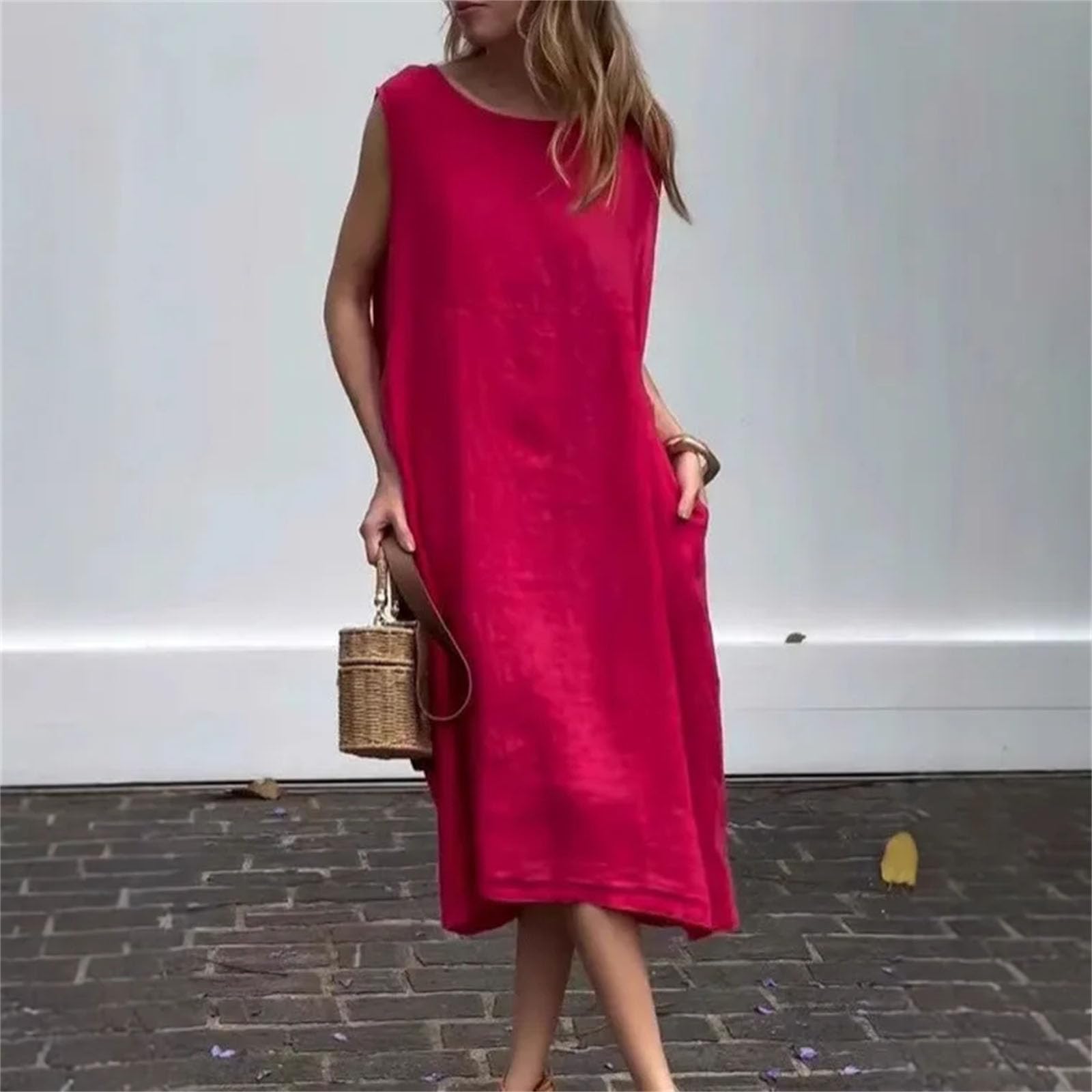 Abito da donna chic minimalista lungo moda tinta unita girocollo senza maniche Boho tasca abito allentato