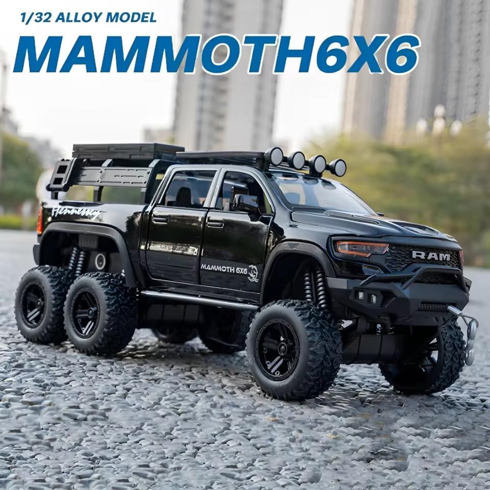 Image of Alokik 1:32 6x6 Scale Dodge Tyrannosaurus Rex RAM 1500 TRX Diecast Car Models Toys Metal Alloy 4 Openable Door and Sound & Light, Pull Back Toys Gifts for Boys Best Gift Car (Color As Per Stock)