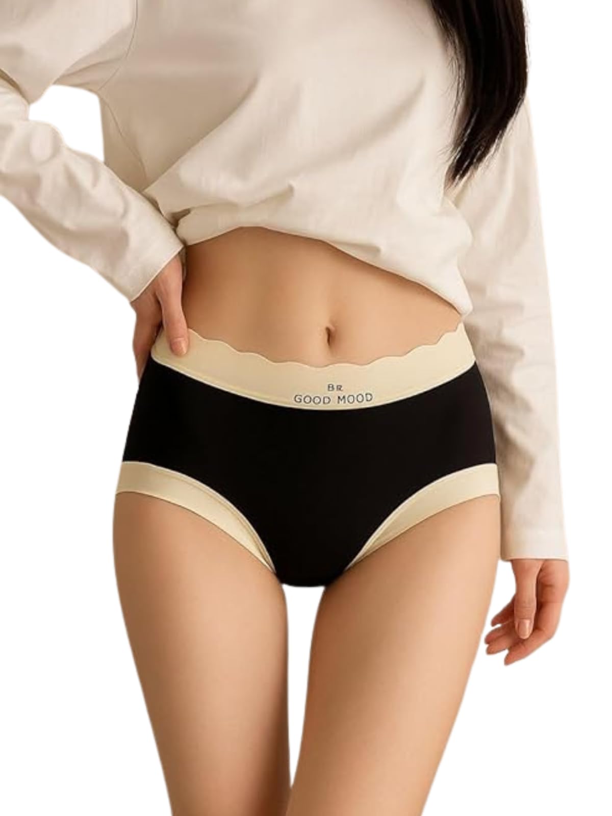 nsqe Women's High Waist Hipster Panties, Black with Beige Trim, Nylon Blend, Tummy Control and Butt Lift, Seamless Design-picture-25