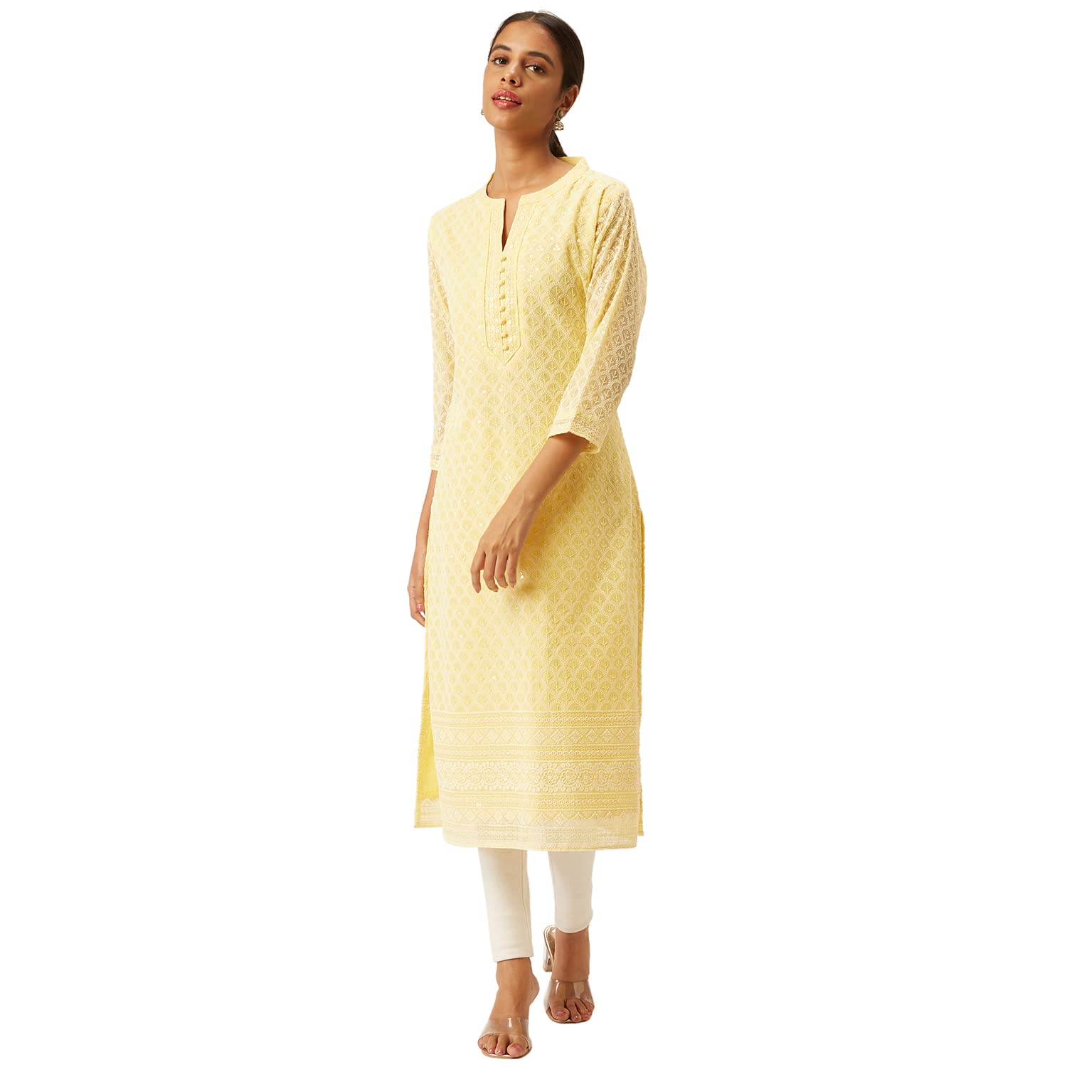 ZOLAYellow Georgette Mandarin Collar Neck 3/4th Sleeves Lucknowi Embellished Chikankari Ethnic Wear A-Line Kurta for Women Pack of 1 (220843YellowXXXXL), Yellow, 46