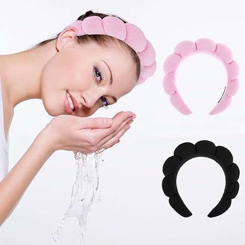 Miniatura 5 de YUXIANLB 2 diademas de spa para lavar la cara o el rostro, bandas de esponja para el cabello, diademas de burbujas para el cuidado de la piel para