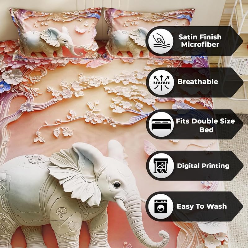 Image of Akshya Modern 7D Digital Printed Bedding Set - Glace Cotton Double Bed Sheet, 300 TC Fade-Resistant King Size Flat Sheet Pink Elephant