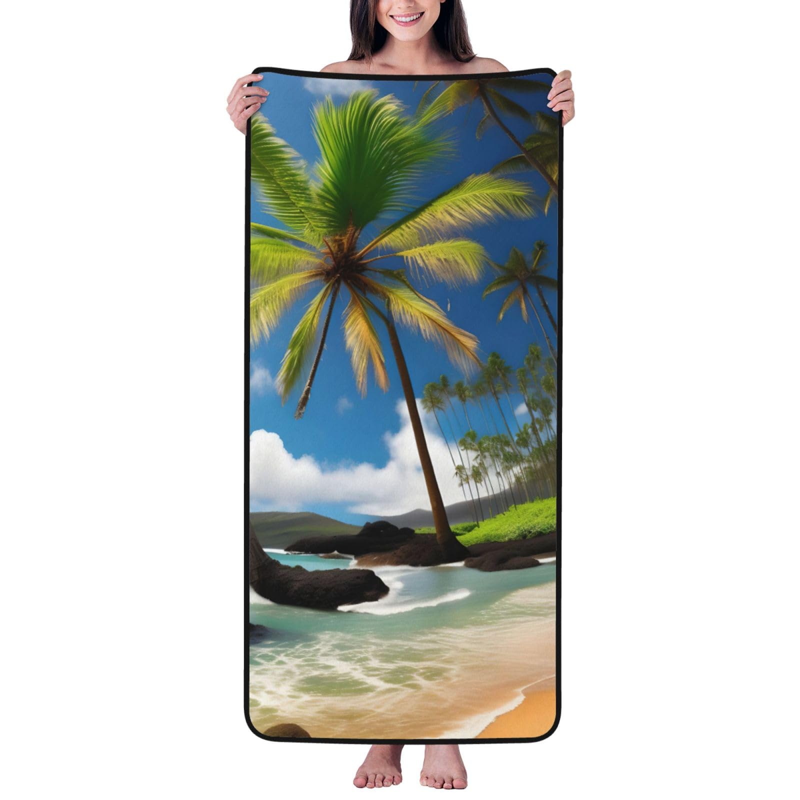 Nimongt Unisex Black Tropical Palm Tree Hawaii Beach Print Lightweight Comfort Coral Velvet Bath Towel Home Bathroom Hotel Spa Beach Travel