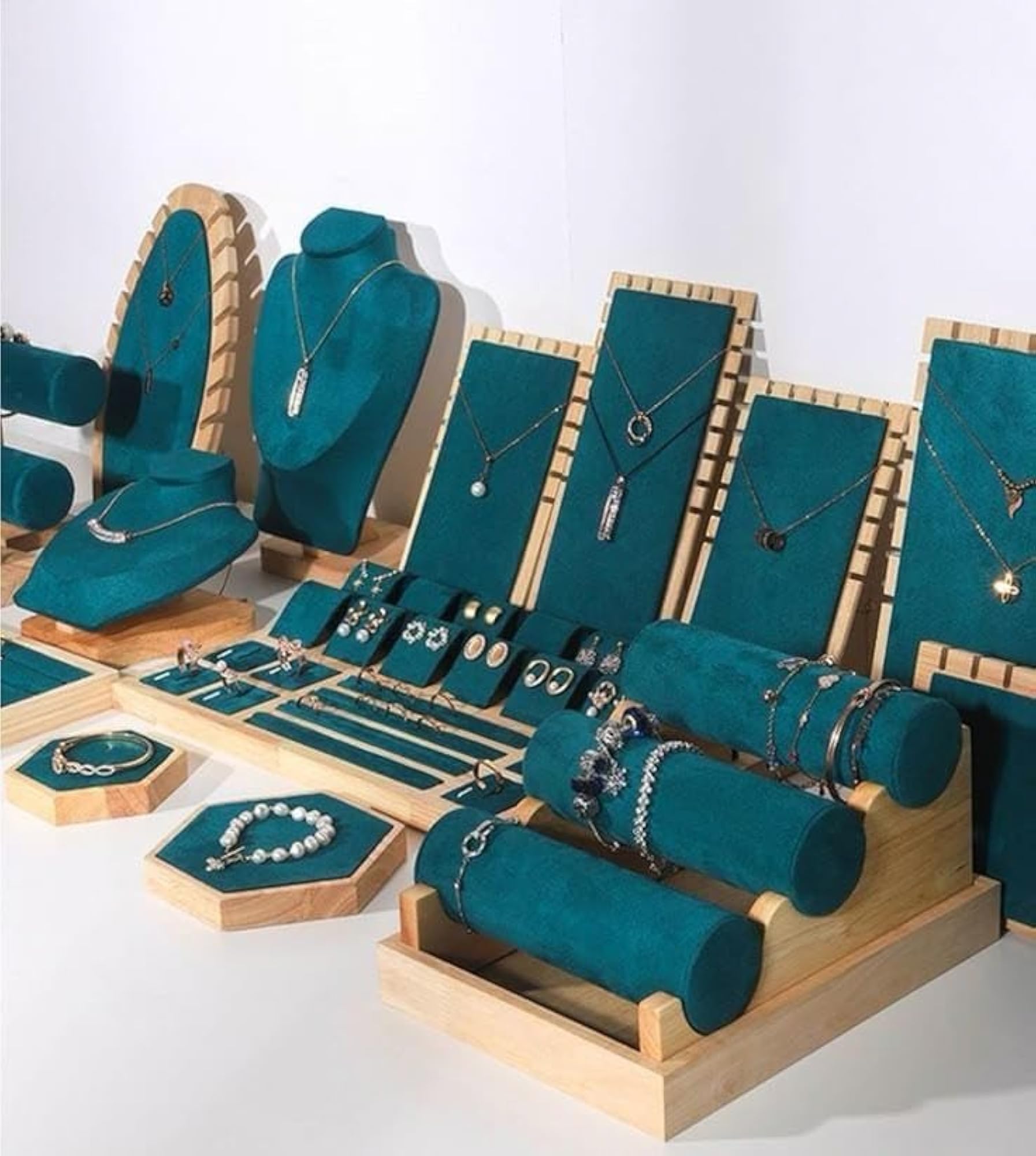 Wooden Necklace Display Stand with PU Leather Soft Mat