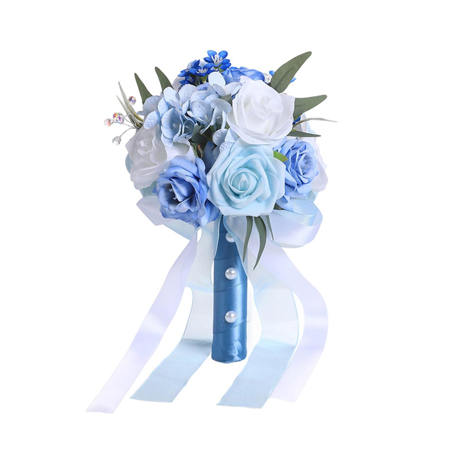 Artificial Rose Bouquet with Flexible Stem White Blue Shade for Bride Wedding Favor Artificial Bridal Hand Arrangement