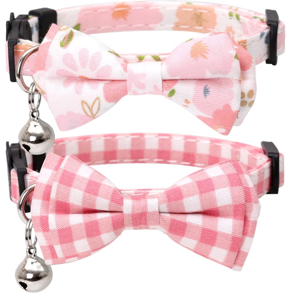 2PCS Breakaway Cat Collar with Bow, Cute Bell Cat Collar Plaid Design Flower Pattern Cat Collar with Bell & Safety Clip Adjustable Bow Tie Cat Collar Bow Tie Cat Collar for Kitty Adjustable Safety