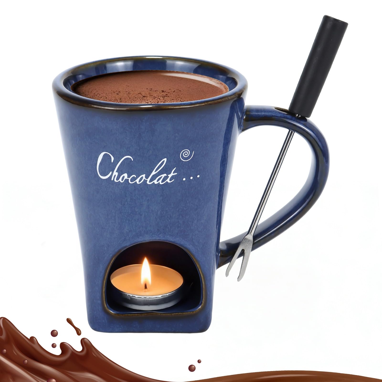 Taza de fondue de chocolate, 130 ml, de cerámica, para fondue de chocolate, juego de vasos con tenedor, juego de fondue de chocolate multiusos para chocolate, queso, mantequilla, caramelo