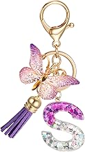 Initial Letter Keychain, Resin Alphabet Letters Keychain with Purple Sequins for Women and Girls Keychain Bag Charm