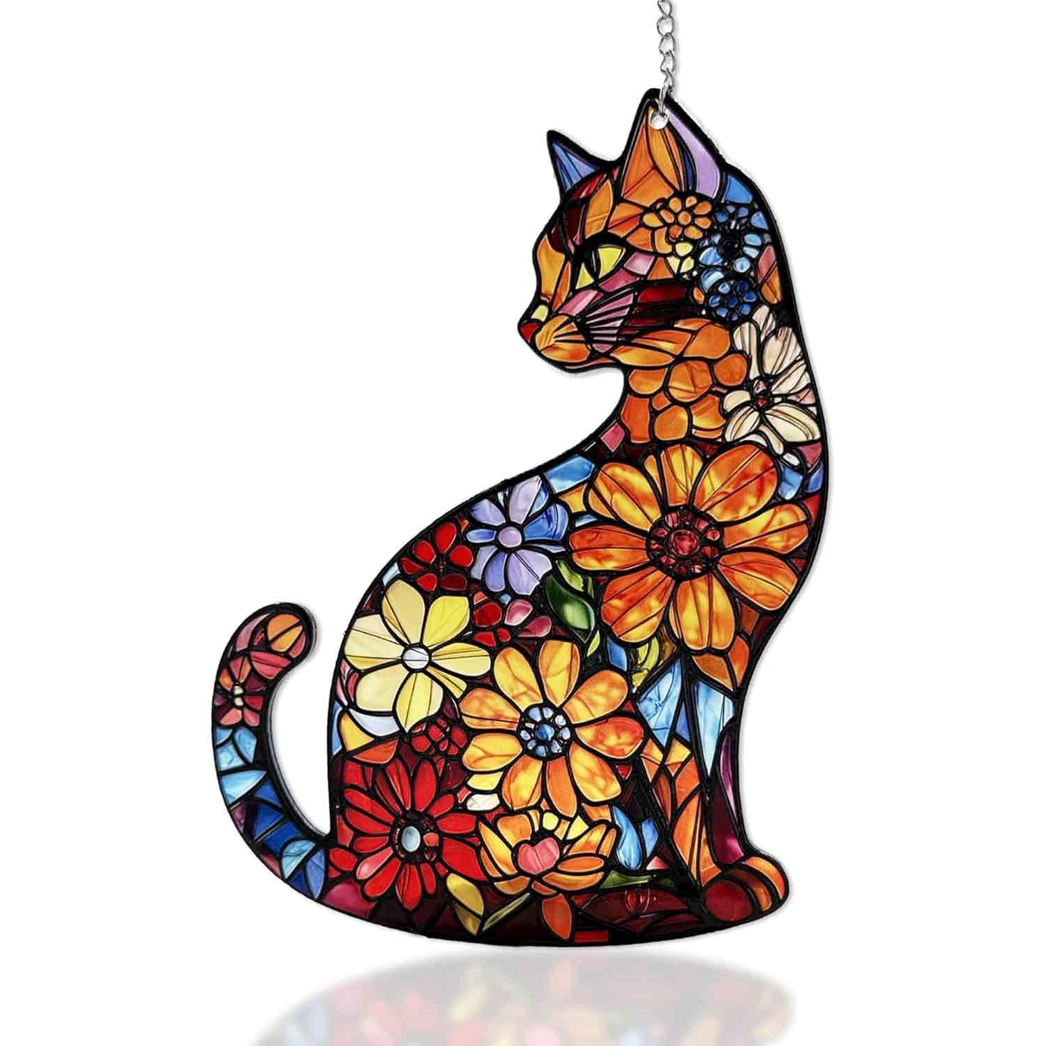 Cat Suncatcher, Whimsical Decor Stained Glass Window Hanging, Sun Catchers Indoor Window with Crystals-image-48