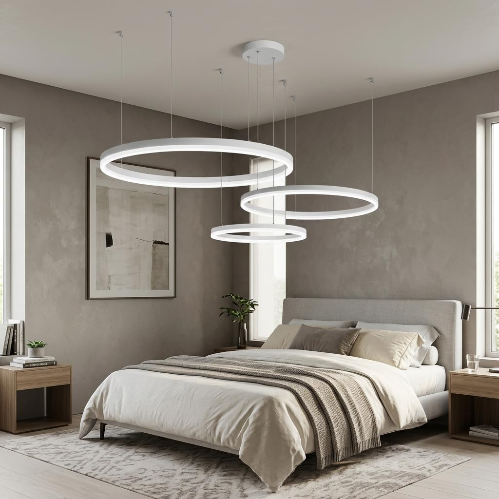 Żyrandol wiszący LED 3 pierścienie 30/40/60 cm, możliwość ściemniania za pomocą pilota | Minimalizm, stop aluminium i akryl, 3000K do 5000K, 78W Wysoka jasność, regulowana wysokość