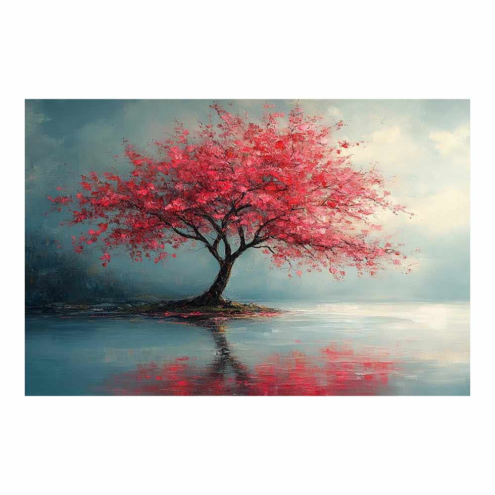 Impression sur Toile Reflet Lac et Fleurs Rouges Design Premium - 8